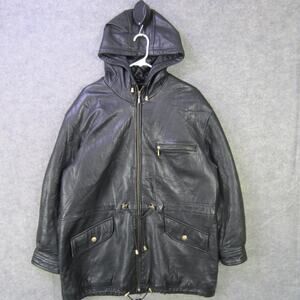 Colebrook & Co Jacket Womens Small Black Hooded Leather Parka Zip Pockets Lined
